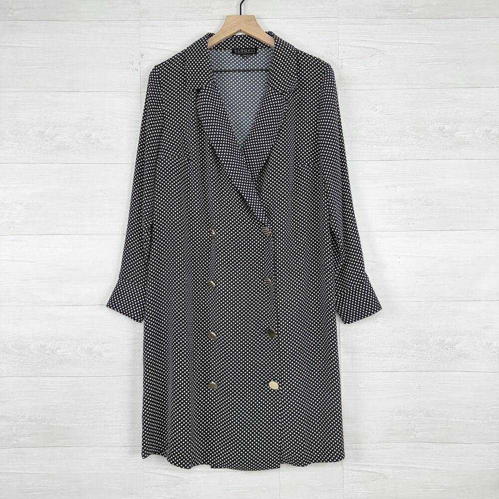 Eloquii Double Breasted Shift Dress‎ Size 16 Navy Polka Dot Long Sleeves Preppy